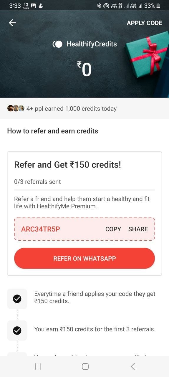 Healthifyme Referral Code (ARC34TR5P) you'll get ₹250 signup bonus