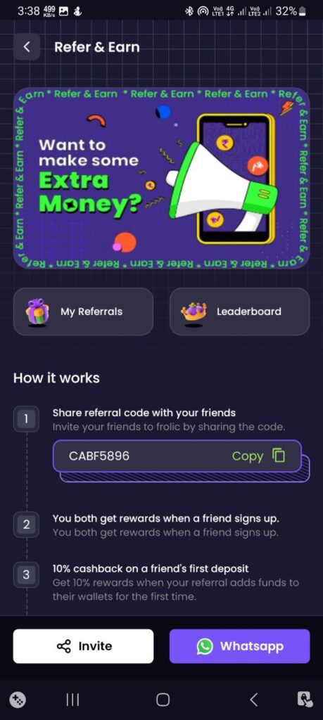 Frolic Referral Code (cabf5896) you get ₹100 signup bonus.