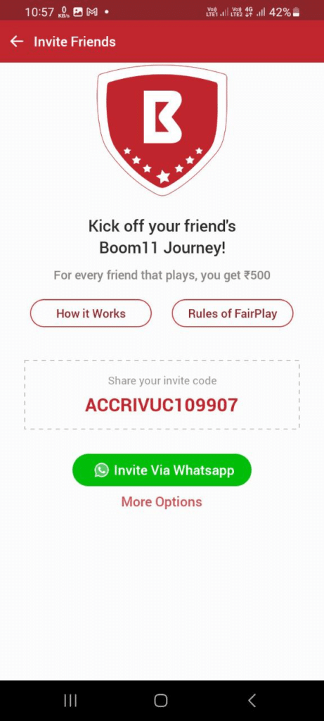 Boom11 Referral Code (ACCRIVUC109907) get ₹100 signup bonus.