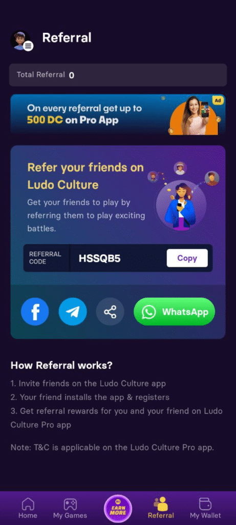 Ludo Culture App Referral Code (HSSQB5) Get ₹150 Signup Bonus.