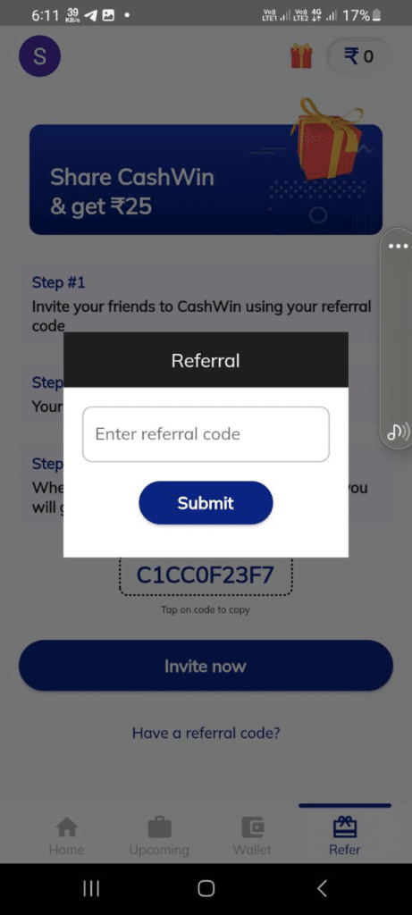 Cashwin App Referral Code (C1CC0F23F7) Get ₹150 As a Signup Bonus