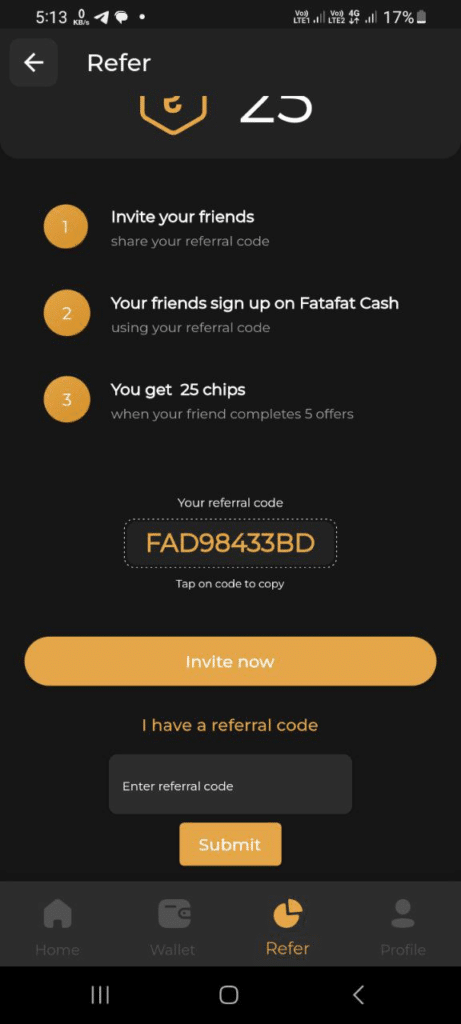 Fatafat Cash App Referral Code (FAD98433BD) Get ₹100 As a Signup Bonus.