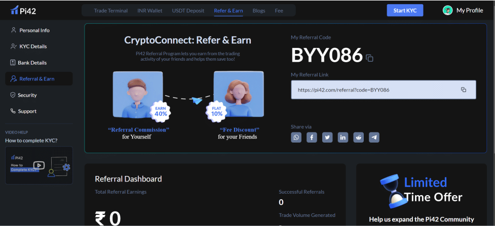 Pi42 Exchange Referral Code (BYY086) Get 10% Off On Trading Fees.