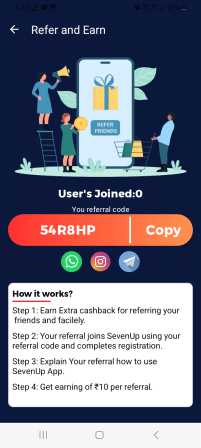 SevenUp App Referral Code (54R8HP) Get ₹10 Signup Bonus.
