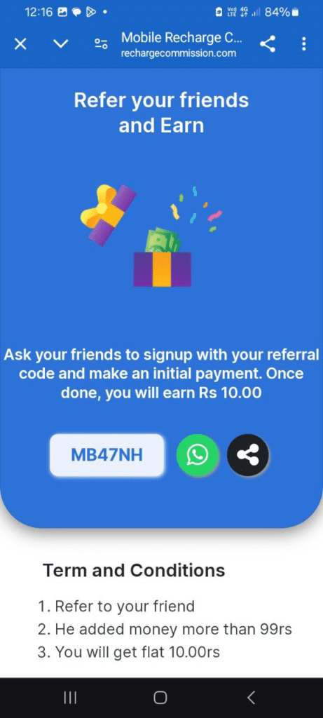 Mobile Recharge Commission App Referral Code (MB47NH) Get ₹25 As a Signup Bonus.