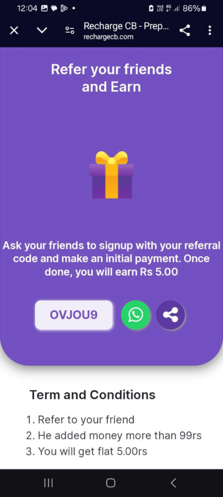 Mobile Recharge Cashback App Referral Code (OVJOU9) Flat ₹50 As a Signup Bonus.