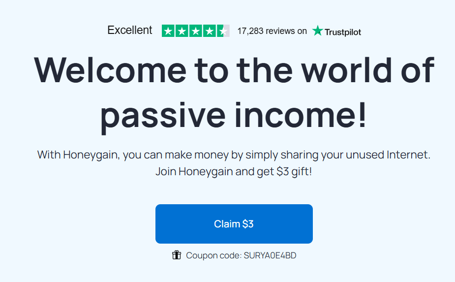 HoneyGain Coupon Code (SURYA0E4BD) Get $3 Of Welcome Bonus!