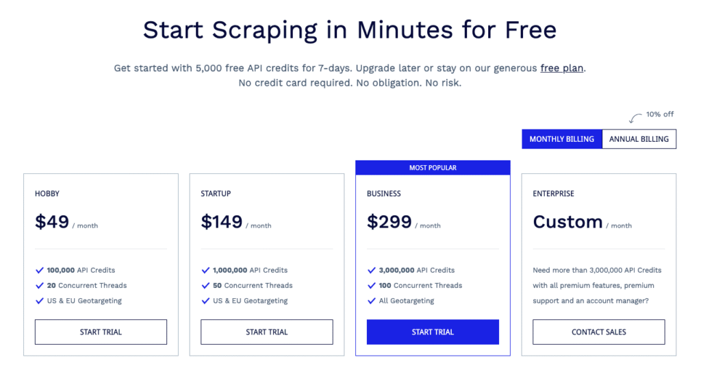 ScraperAPI offers various pricing plans designed to cater to different needs, whether you’re a beginner or need large-scale data scraping.